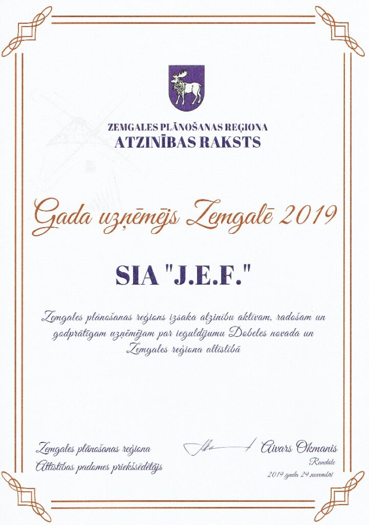 Atzinības raksts Gada uzņēmējs Zemgalē 2019